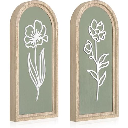 Parlor Boudoir Sage Green Bathroom Wall Decor Set of 2, 3D Wooden Floral Wall Art, Rustic Boho Farmhouse Arched Hanging Decor for Bedroom, Hallway