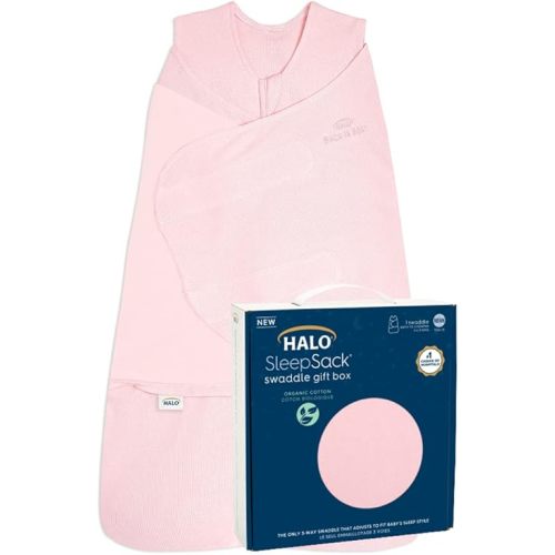 HALO Sleepsack Swaddle 100% Organic Cotton Newborn 1-Piece Gift Set with Box, TOG 1.5, 0-3 Months, Strawberry