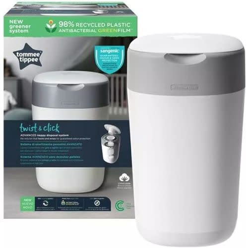 AED 118 (NOT 118 USD) Tommee Tippee Twist and Click Advanced Nappy Bin, Eco-Friendlier System, Includes 1x Refill Cassette with Sustainably Sourced Antibacterial GREENFILM, White : Amazon.ae: Home