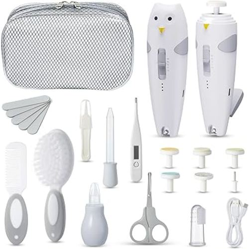 Lictin Baby Healthcare and Grooming Kit, 26 in 1 Rechargeable Nail Trimmer Electric Set,Safe File with Auto Light, Newborn Nursery Health Care Portable Safety Set for Infant Toddlers Boys Girls, Grey