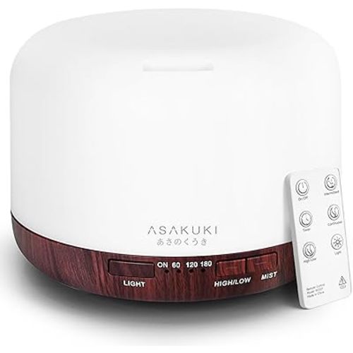 ASAKUKI 500ml Essential Oil Diffuser, Aromatherapy Fragrant Oil Humidifier Vaporizer, 7-Color Light and Auto-Off Safety Switch Reddish-Brown