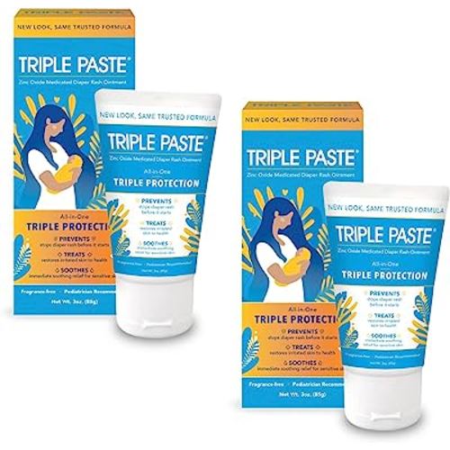 Triple Paste Diaper Rash Cream for Baby - 3 oz Tube - Zinc Oxide Ointment Treats, Soothes and Prevents Diaper Rash - Hypoallergenic Formula with Soothing Botanicals (Pack of 2)
