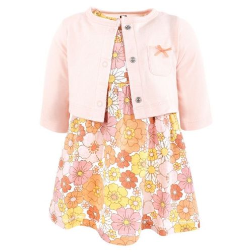 Hudson Baby Infant and Toddler Girls Cotton Dress and Cardigan Set, Peach Love And Flowers, 18-24 Months