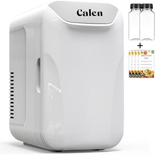 CALEN Mini Fridge with 2 Bottles, 6L/8 Cans Mini Fridge for Bedroom, Skincare Fridge 110V AC/12V DC Small Refrigerator for Food, Beverages, Cosmetics, Portable Mini Refrigerator for Office, Dorm, Car