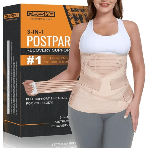 QEESMEI 3 in 1 Postpartum Belly Support Recovery Wrap - Postpartum Belly Band - Postpartum Essentials Post Partum Waist Binder, Post Surgery Abdominal Binder Shapewear (Beige, S/M)