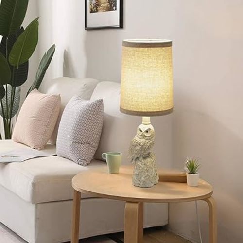 Vintage White/Wood Grain Owl Table Lamp - Resin Sculpture Base & Linen Shade | 16.5in Height Decorative Lamp for Bedroom/Study | Rocker Switch (WH-1)