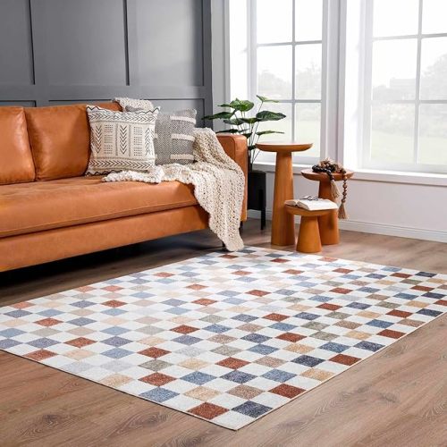 Hauteloom Alia Contemporary Checkered Area Rug - Modern Geometric Bordered Carpet for Living Room - Checkboard Design - Square Tiles - Contemporary - Blue, Brown, Red, Colorful, White - 5'3" x 7'