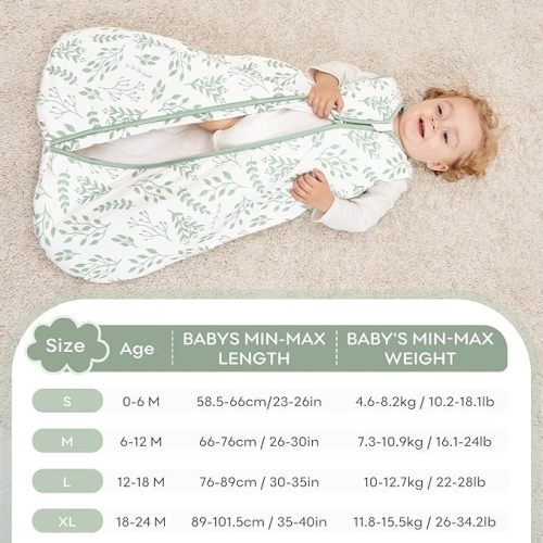 Yoofoss Baby Sleep Sack 0-6 Months, TOG 2.5 Baby Wearable Blanket with 2-Way Zipper, 100% Cotton Fabric Winter Newborn Sleeping sack, Warm Soft Comfy(Small) - 2.5 Tog-leaf Green