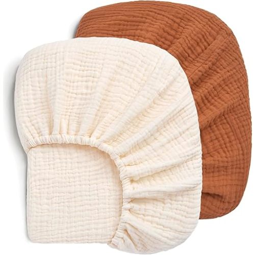 Pro Goleem 2 Pack Muslin Crib Sheets for Boys and Girls, 100% Cotton Soft Breathable Neutral Fitted Baby Bed Sheets Set for Standard Crib Mattress & Toddler Mattress 52"x28", (Brown&Beige)