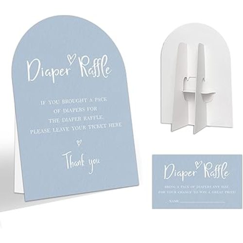50 light blue diaper raffle tickets, 1 Minimal-themed freestanding sign with stand, gender reveal game suitable for boys & girls, baby announcement, baby shower party decorations - A11