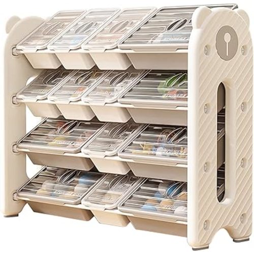 UNICOO Kids Baby Bear Toy Organizer Rack, 14 Bins with Dustproof Storage Cover for Baby Essentials, Kids Toy Box & Toy Bins 4 Tier Large Size (Bear Organizer White)