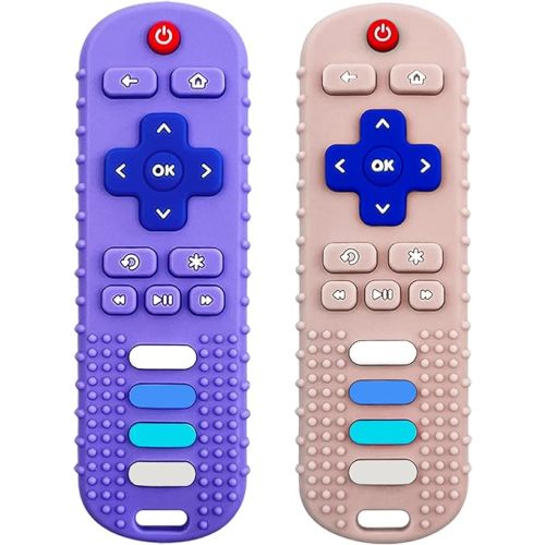 Baby Teething Toys, Food Grade Silicone Teether for Babies 3 6 12 18 Months, TV Remote Shape Toddlers Chew Toys, Freezer BPA Free (Purple+Khaki)