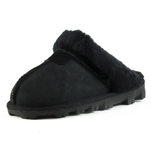 CLPP'LI Womens Slip on Faux Fur Warm Winter Mules Fluffy Suede Comfy Slippers