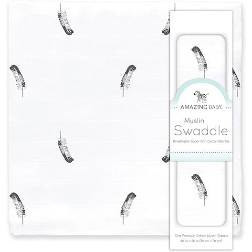 Amazing Baby - Sensory Muslin Swaddle Blanket, Premium Cotton, Little Feather, Black and White for Baby Visual Development