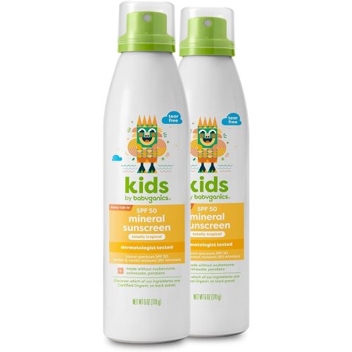 Babyganics SPF 50 Kids Mineral Sunscreen Continuous Spray, Totally Tropical | UVA UVB Protection | Octinoxate & Oxybenzone Free | Water Resistant, 6 Ounce (Pack of 2)