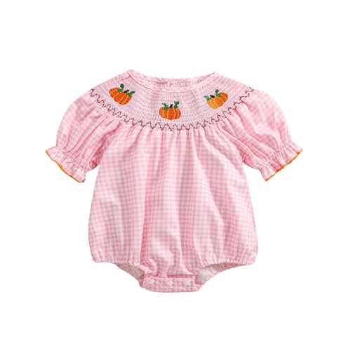 Ayalinggo Newborn Baby Girl Smocked Pumpkin Outfit Infant Plaid Bubble Romper Embroidery Halloween Thanksgiving Fall Clothes
