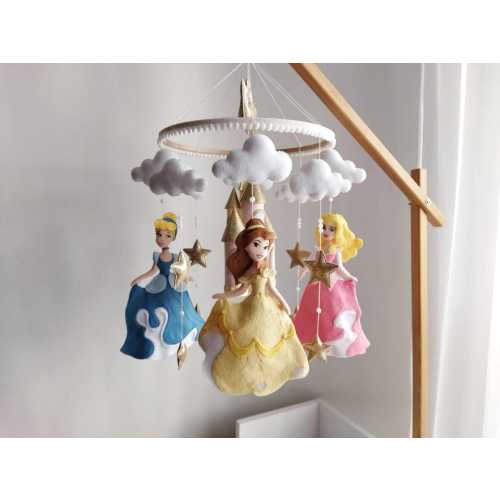 Disney Princess Baby Mobile with Pink Castle, Handmade Princess Nursery Mobile, Fairytale Crib Mobile, Personalized Baby Gift, Magical Decor