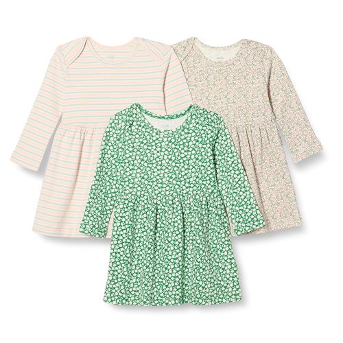 Amazon Essentials Toddlers and Baby Girls' Cotton Long-Sleeve Dress, Pack of 3