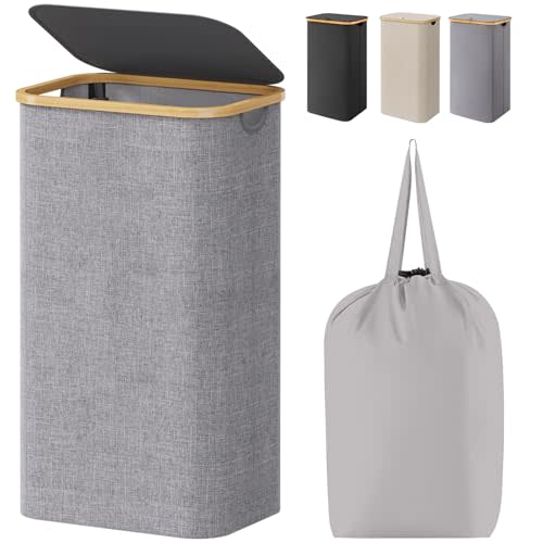 Lifewit 100L Laundry Basket with Lid, Clothes Hampers for Laundry with Bamboo Handles and A Removable Laundry Bag, Large Foldable Hamper for Bedroom, Bathroom, Dorm, Laundry Room, Light Gray