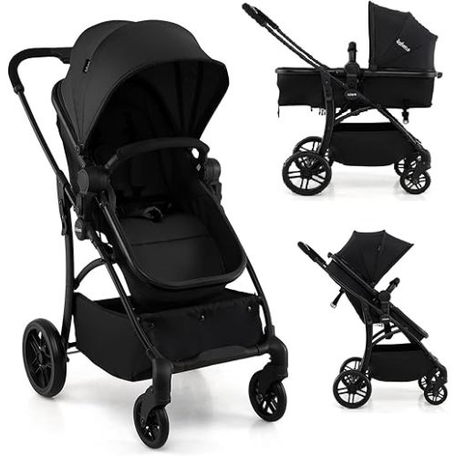 INFANS 2 in 1 Baby Stroller, Convertible Stroller with Bassinet Reversible Seat Adjustable Backrest Canopy One Hand Fold, Compact Toddler Pushchair for Kids Infants Newborns 0-36 Months