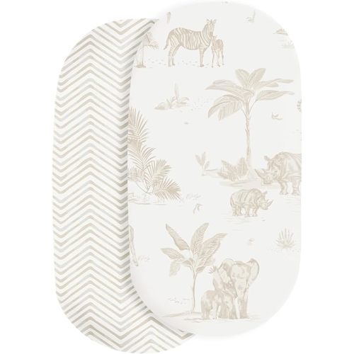 Makemake Organics Organic Cotton Bassinet Sheet (Set of 2) GOTS Certified Organic Bassinet Mattress Cover Fits Hourglass Rectangle Oval - Ultra Soft Breathable (15"x33", Safari + Herringbone)