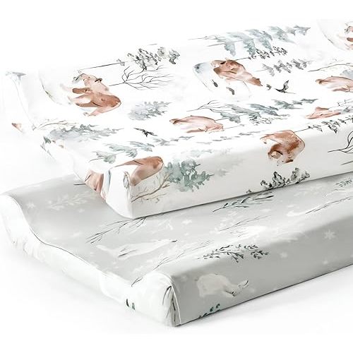 Stretch Ultra Soft Jersey Knit Changing Pad Cover Set 2 Pack, Change Table Pad Covers Fit 32"/34" x 16" Pads Safe and Snug, Pretty Pattern for Boys and Girls, Bear and Wolf Print