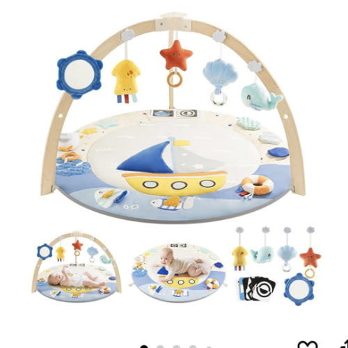 Baby Play Gym Activity Mat, 5 Developmental Zones Wooden Tummy Time Mat with 7 Detachable Sensory Toys for Motor Skills & Sensory Development, Baby Essentials Shower Gift, Easy to Install