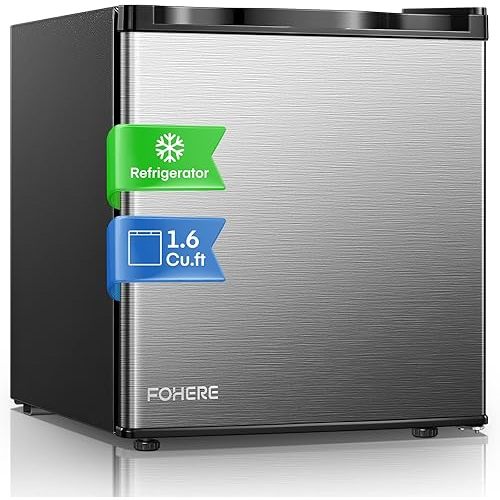 1.6 Cu.ft Mini Fridge for Bedroom, Mini Fridge with Freezer, 7-Level Adjustable Thermostat, Small Compact Refrigerator, Stainless Steel