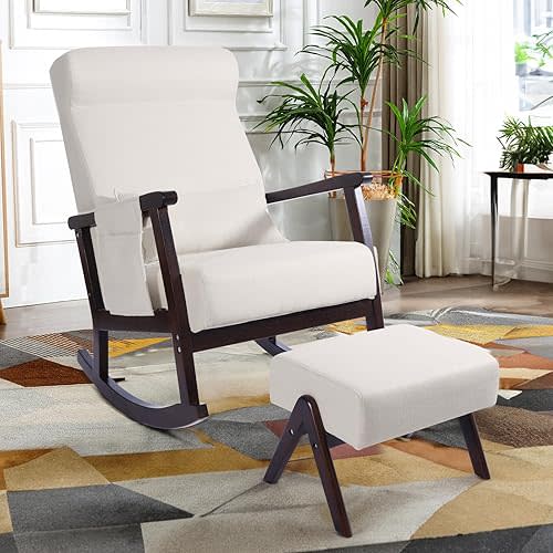 NOBLEMOOD Rocking Chair with Ottoman, Upholstered Nursery Glider with Pillow & Side Pocket, Big and Tall Rocker with Rubberwood Armrests for Living Room, Bedroom & Apartment
