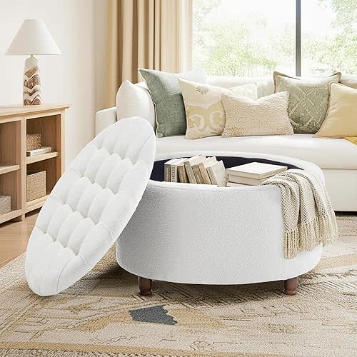 Classic 28-Inch Wide Button Tufted Round Storage Ottoman with Lift-Off Lid
