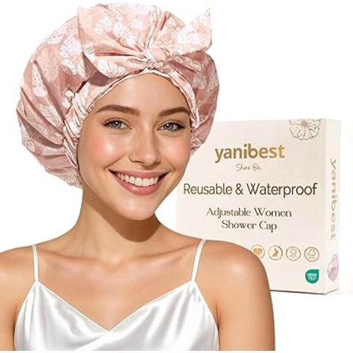 Yanibest Shower Cap for Women Reusable Waterproof, Adjustable Non-Slip Shower Hair Cap, Washable Bath Hat for Long Hair