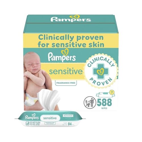 Pampers Baby Wipes Sensitive, Water Based Wipes, Hypoallergenic and Unscented Wipes, 588 Wipes Total (7 Refill Packs)