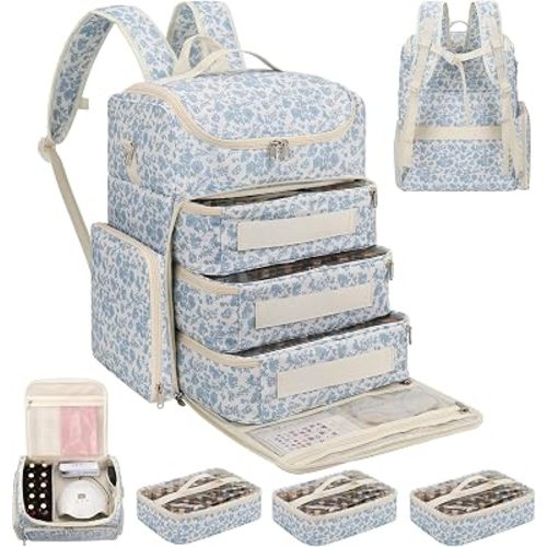 Extra Large Nail Polish Organizer Backpack, Holds 124+ Bottles & Full Size Lamp, Travel Nail Organizers and Storage Bag with 3 Removable Pouches, Portable Nail Supplies Case (Floral Blue, 124 Slots)