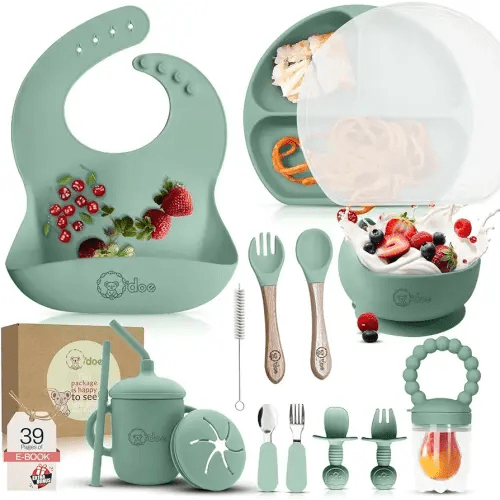 O'doe 17-Piece BPA-Free Silicone Baby Feeding Set | Thick & Soft Suction Plates, Baby Bowls, Wooden Fork & Spoon, and More | Make Mealtime Fun and Easy for Your Little One (Green, V2)