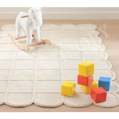Selena Scallop Area Rug – 6’ x 9' – Handmade Wool Area Rugs – Beige – Rugs for Living Room, Bedroom – Anti-Skid – Carpets with Non-Slip Natural Backing with 100% Cotton