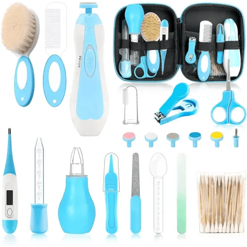 Baby Grooming Kit，Electric Safety Nail Trimmer Baby Nursery Kit，Infant Safety Care Set with Hair Brush Comb Nail Clipper Nasal Aspirator,Baby Essentials Kit for Newborn Girls Boys (21 PC-Blue Kit)