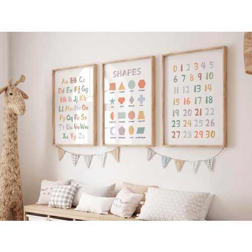 Alphabet Chart, Numbers Chart, ABC Poster, Set of 3 Educational Nursery Prints, Shapes Print, Scandi Nursery Decor, Playroom Digital Prints