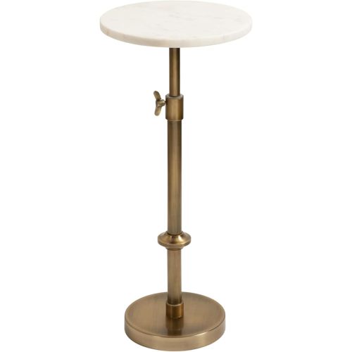 Kate and Laurel Engles Traditional Adjustable-Height Pedestal Drink Table, 10 x 10 x 30, White Marble and Antique Brass, Vintage Round Indoor Metal Plant Stand with Authentic Marble Tabletop