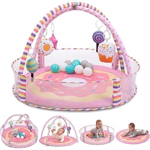4-in-1 Baby Play Mat & Baby Play Gym,Baby Girl Play Mat Activity Gym, Pink Donut Tummy Time Mat for Babies and Toddlers, Infant Activity Center for Newborn to Develop Motor Cognition