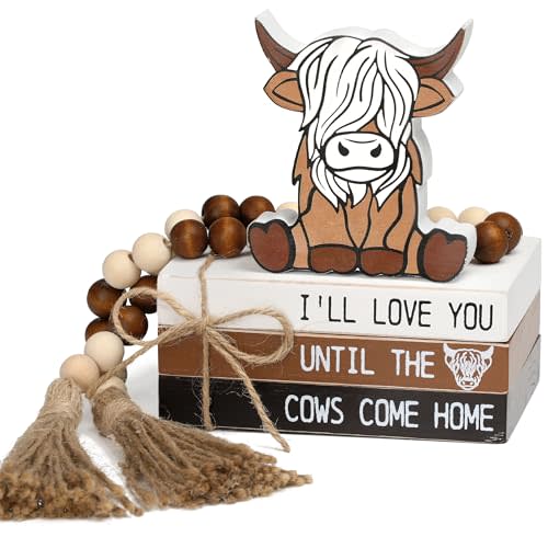 5PCS Highland Cow Decor, Farmhouse Tiered Tray Decor, Wooden Book Stacks Rustic Table Centerpiece for Home Room Mantle Shelf