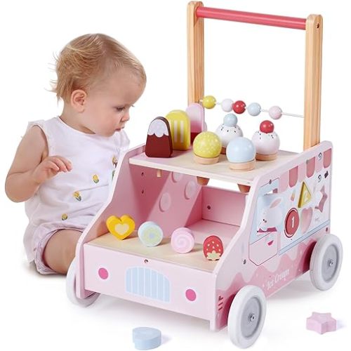 labebe Wooden Baby Walker, Push Activity Walker for Kids 12M+, Multifunctional Ice Cream Cart Activity, Adjustable Speed Learning Walking with Wheels, Birthday Gift for Girls Boys Ages 1-3 (Pink)