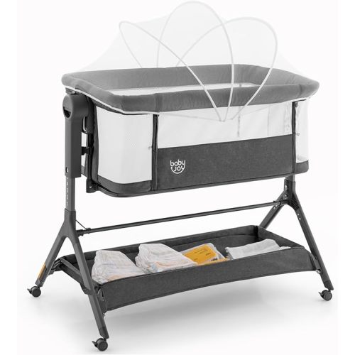 BABY JOY Bassinet, 3 in 1 Rocking Bedside Bassinet w/Storage Basket, Universal Wheels, Adjustable Height, Mattress, Net & Portable Bag, Carriable Crib Baby Bassinets Bedside Sleeper (Gray)