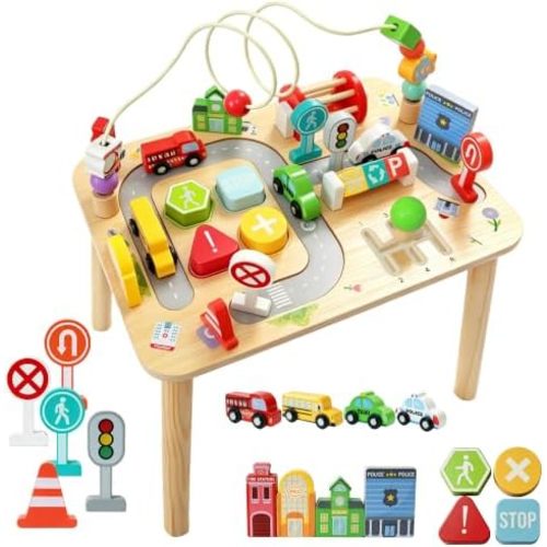 Montessori Sensory Activity Table for 1 Year Old, 8-in-1 Wooden Activity Center with City Vehicles, Traffic Signs, Bead Maze & Shape Sorter, Birthday Gift for Boys Girls