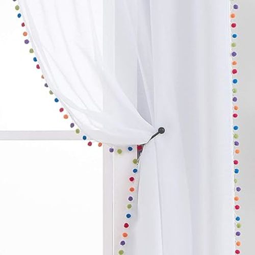 Treatmentex Sheer White Curtains with Multi-Color Pom-Pom Sheer Curtains for Toddler 84" Long Linen Textured Decorative Nursery Room Window Drapes 52" w 1Pair