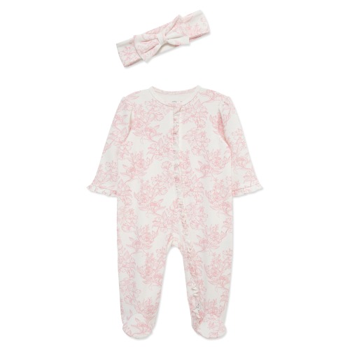 Rose Toile Cotton Footie & Headband Set (Nordstrom Exclusive)