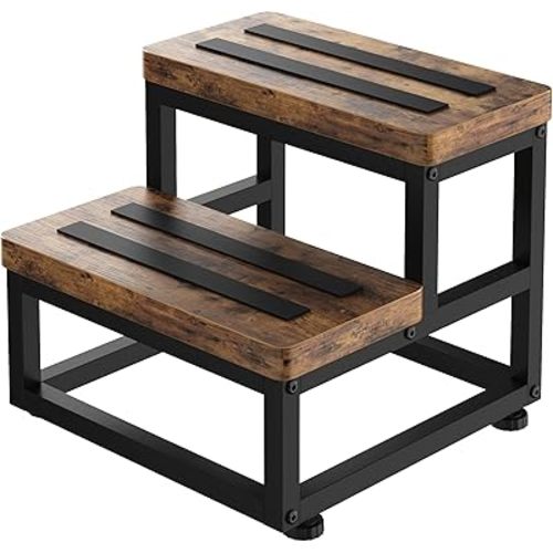 2 Step Wooden Step Stools for Adults Kids, Heavy Duty Stepping Stools Wooden Bed Step Stools for High Beds, Non-Slip 2 Bedside Foot Stool with 500 Lbs Capacity, Kitchen, Bed, RVS Step, Rustic Brown