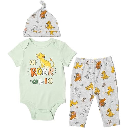 Disney Pixar Toy Story Monsters Inc. Lion King Mickey Mouse Mike Baby Bodysuit Pants and Hat 3 Piece Set Newborn to Infant