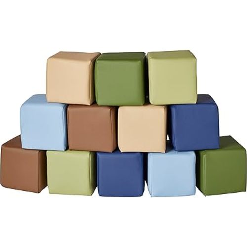 ECR4Kids SoftZone Patchwork Toddler Building Blocks, Foam Cubes, Earthtone, 12-Piece