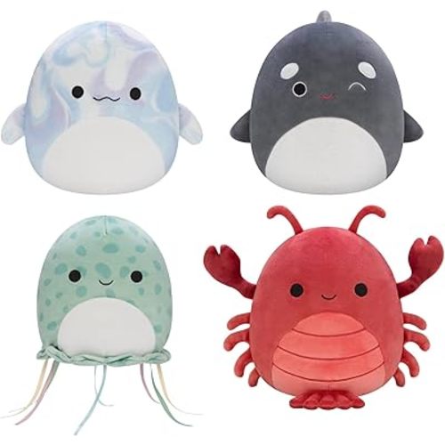 Squishmallows Original 7-Inch Sealife Box Set – Forina Green Spotted Jellyfish, Kai Orca Whale, Laslow Blue Marbled Beluga, Lorono Red Lobster – Official Jazwares Plush (Little)