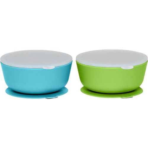 WeeSprout Suction Bowls for Baby & Toddlers (Set of 2) - 100% Silicone w/Plastic Lid - Leak Proof Feeding Supplies - Dishwasher & Microwave Safe Infant Dinnerware w/Extra Strong Base - Bright Blue + Bright Green
